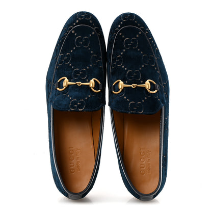 Gucci Velvet GG Monogram Horsebit Mens Jordaan Loafers 9 Blue Beige 2 of 9