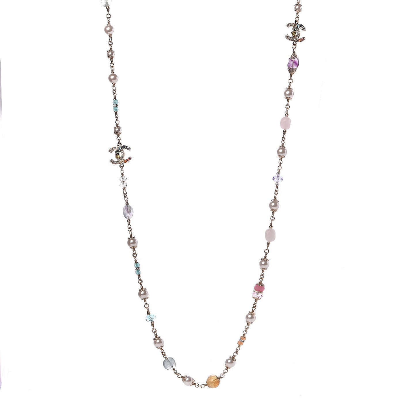 Crystal Pearl Glass CC Long Necklace Light Gold