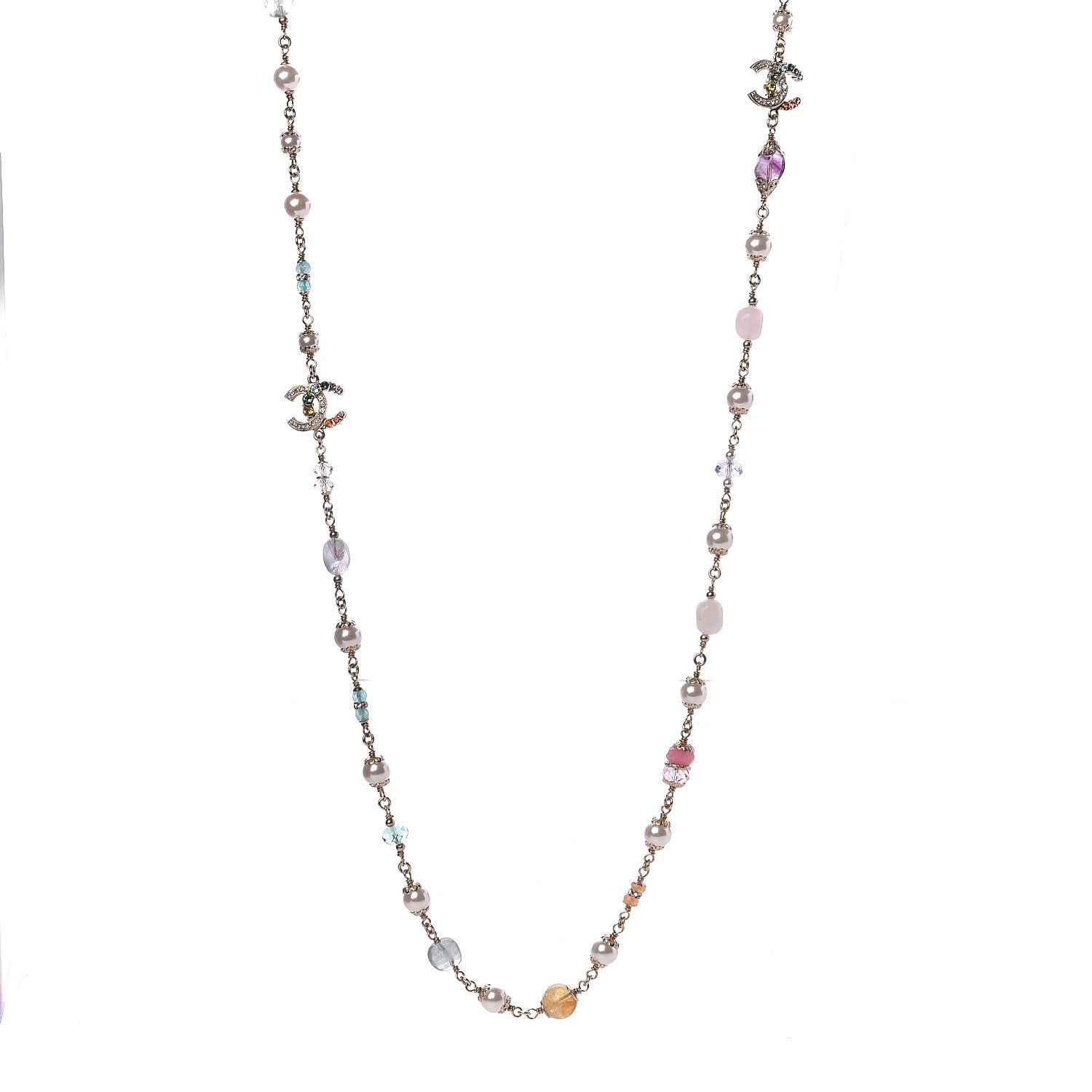 Chanel Crystal Pearl Glass CC Long Necklace Light Gold 1 of 5