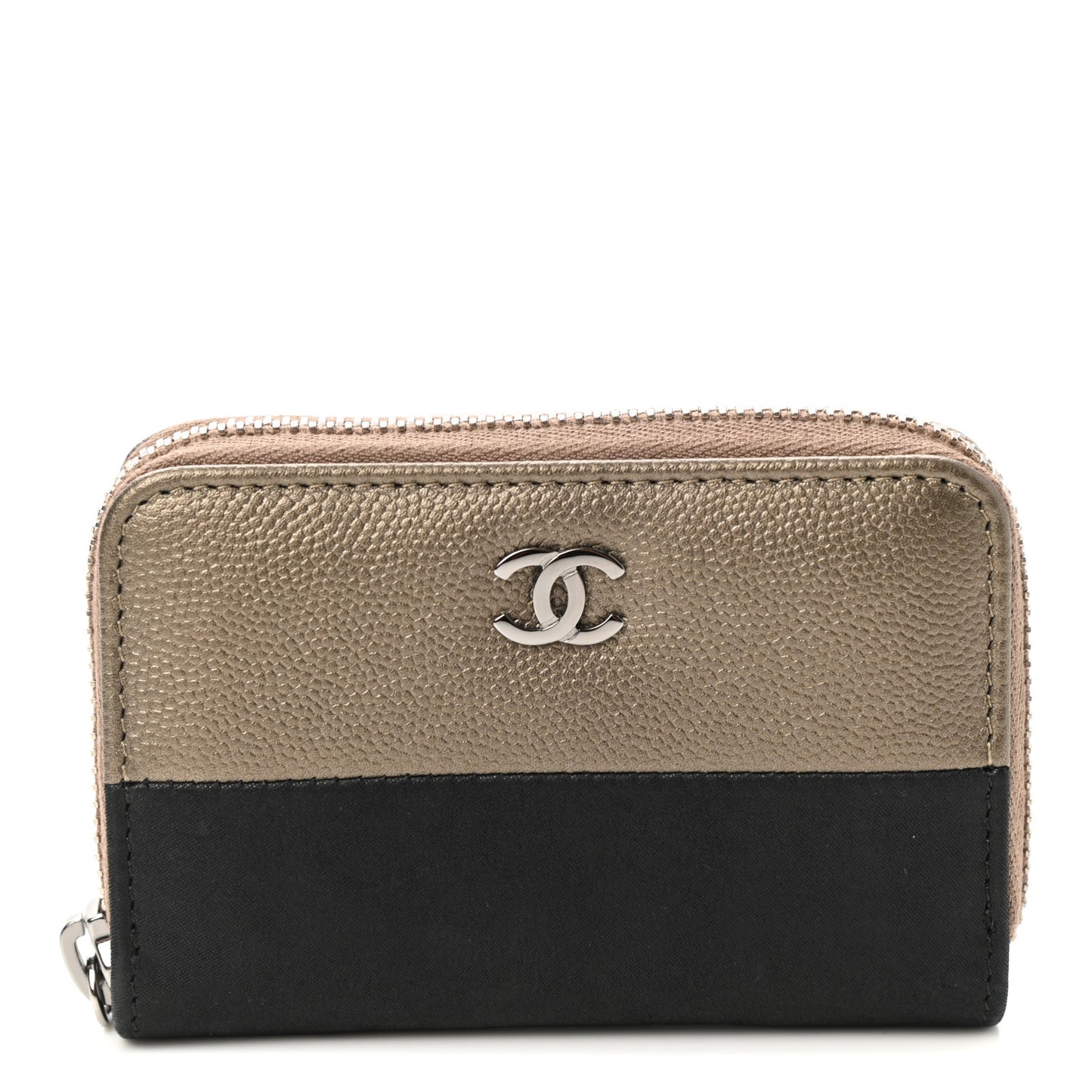 Iridescent Caviar Satin Zip Coin Purse Light Gold Black