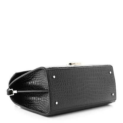 Saint Laurent Calfskin Crocodile Embossed Medium Classic Monogram Cassandra Top Handle Black Rouge Legion 4 of 11