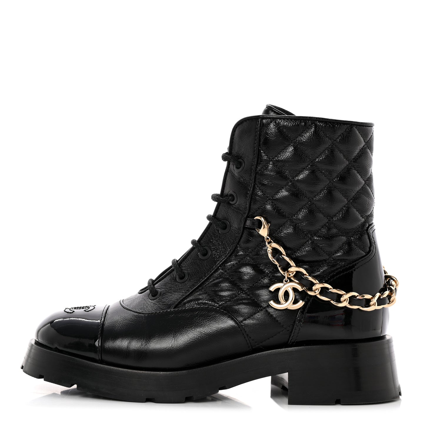 Shiny Calfskin Patent Quilted Chain Lace Up Combat Boots 37.5 Black