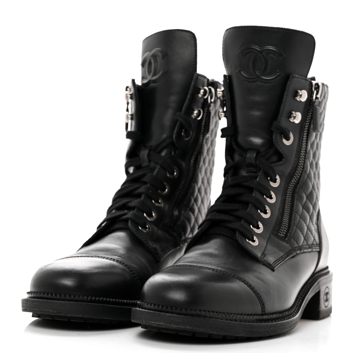 Calfskin Quilted Lace Up Combat Boots 41.5 Black