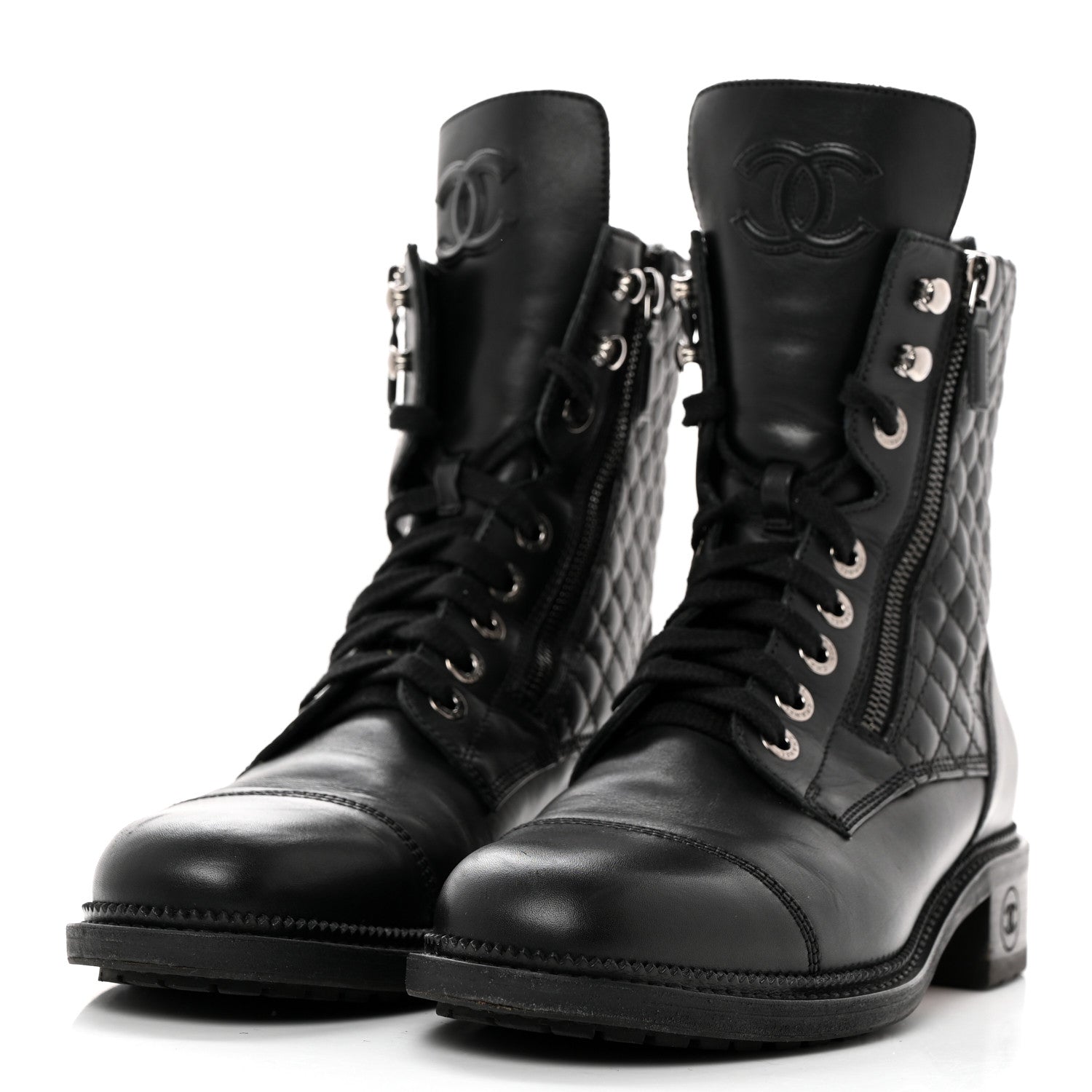 Chanel Calfskin Quilted Lace Up Combat Boots 41.5 Black 3 of 11