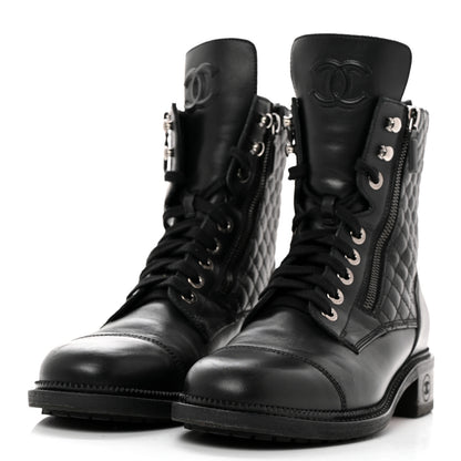 Chanel Calfskin Quilted Lace Up Combat Boots 41.5 Black 3 of 11