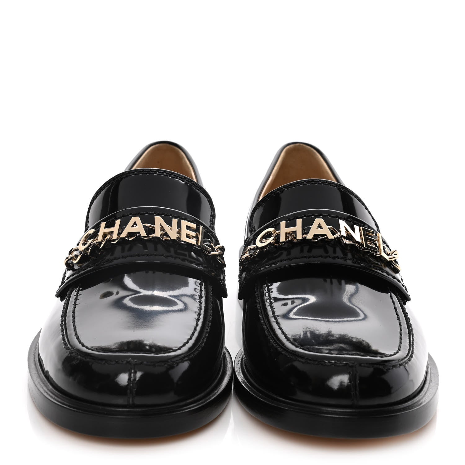 Chanel Shiny Calfskin Logo Loafers 38 Black 2 of 10