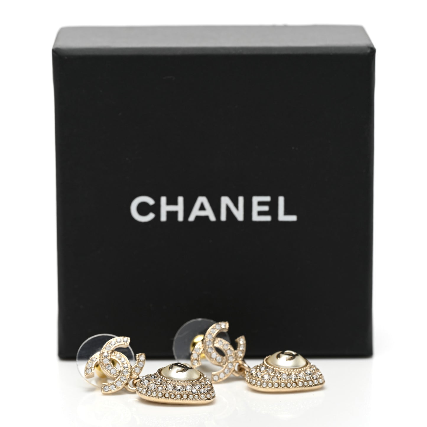Pearl Crystal CC Heart Drop Earrings Gold White