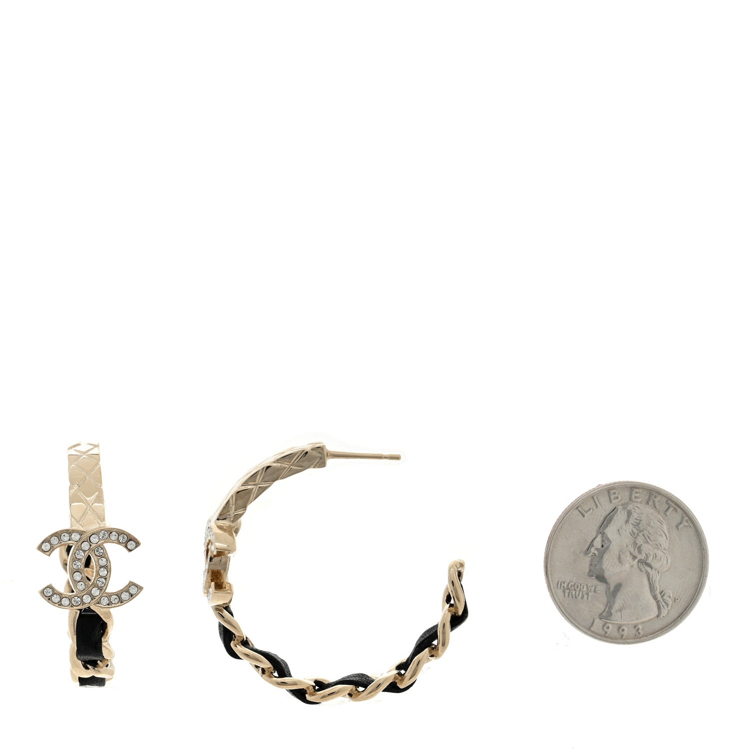 Chanel Metal Crystal Lambskin Quilted CC Chain Hoop Earrings Gold Black 2 of 4