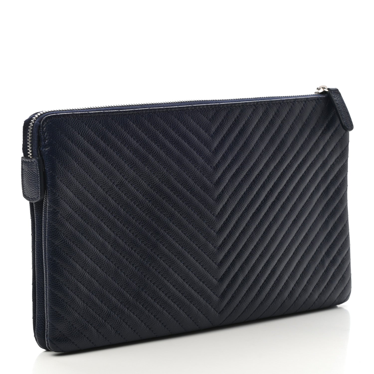 Chanel Caviar Chevron Quilted Small Zipped Pouch Navy 3 of 8