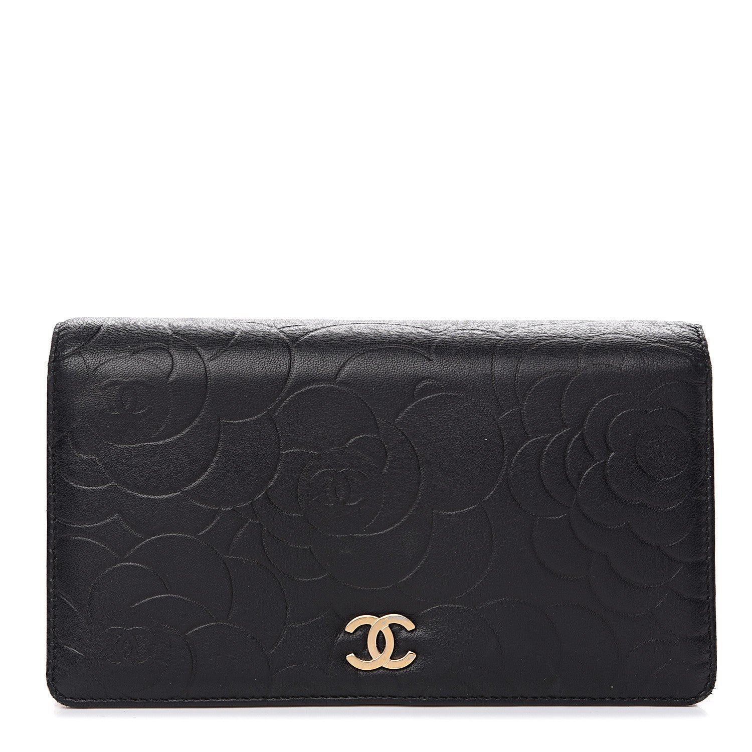 Chanel Lambskin Camellia Embossed Yen Wallet Black 1 of 14