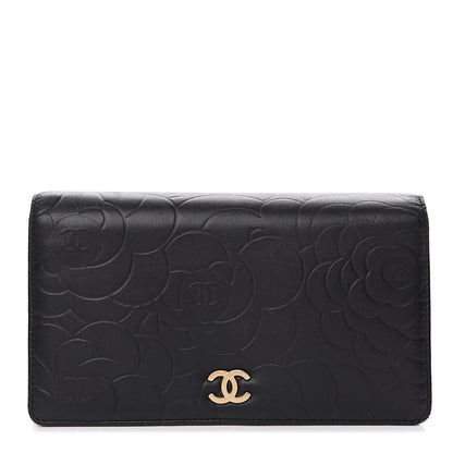 Chanel Lambskin Camellia Embossed Yen Wallet Black 1 of 14