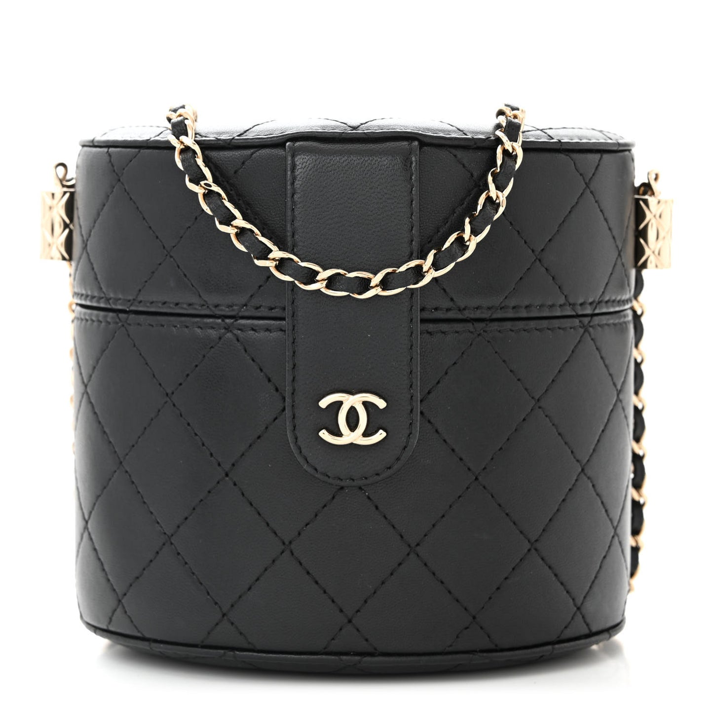 Lambskin Quilted Round Vanity Case With Chain Black