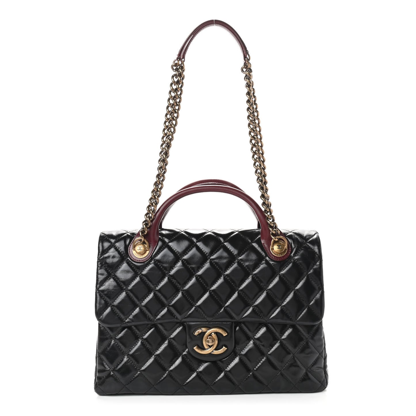 Glazed Calfskin Castle Rock Large Flap Black Burgundy