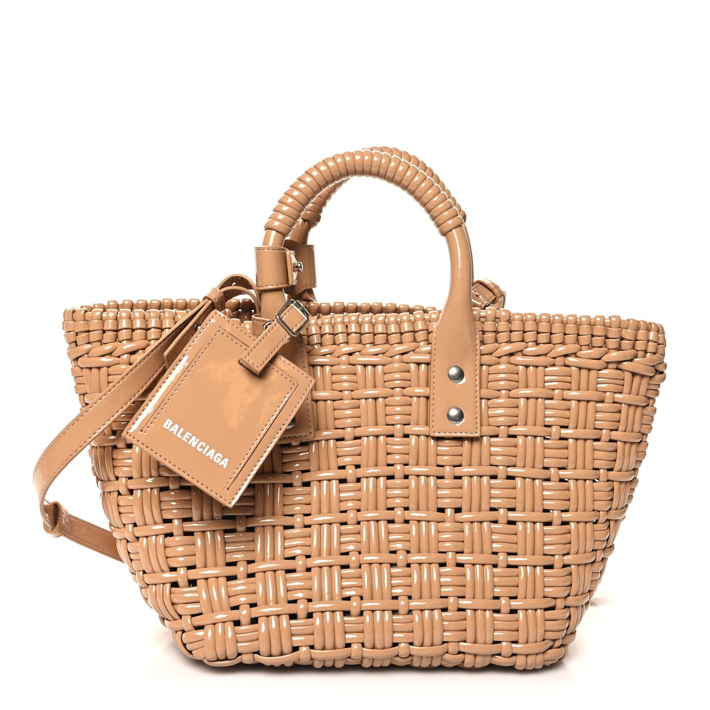 Varnished Faux Calfskin Braided XS Bistro Basket Beige