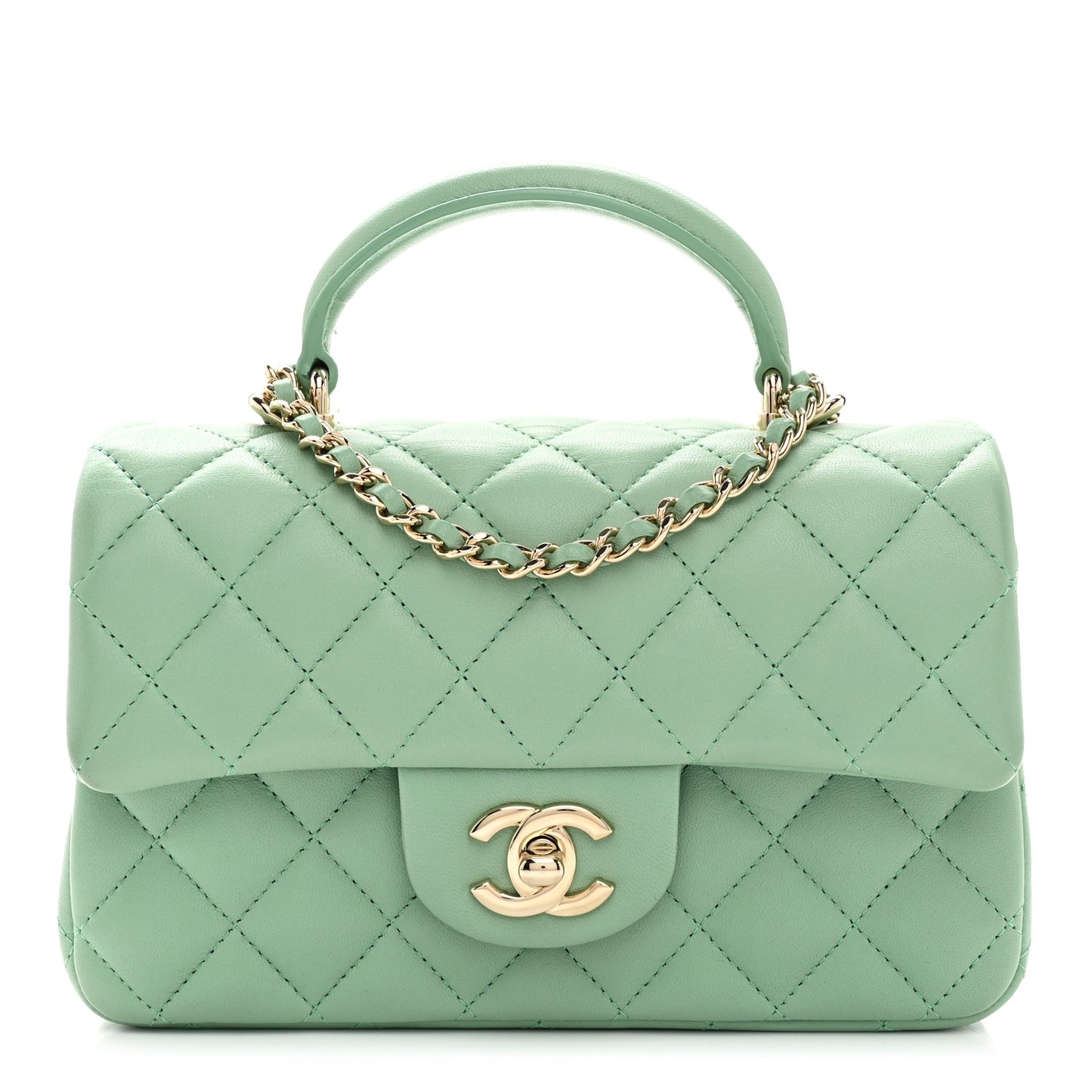 Lambskin Quilted Mini Top Handle Rectangular Flap Light Green