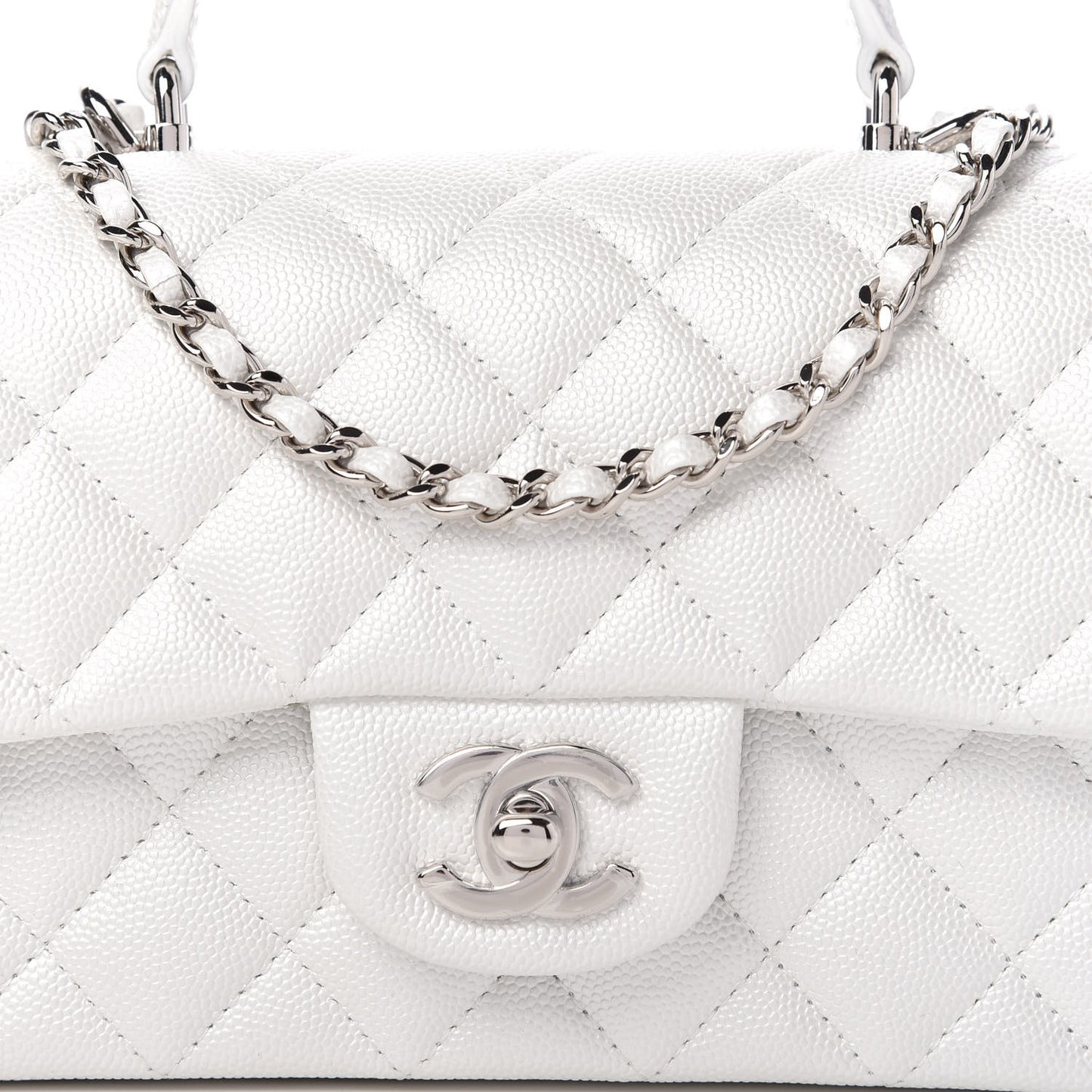 Iridescent Caviar Quilted Mini Top Handle Rectangular Flap White