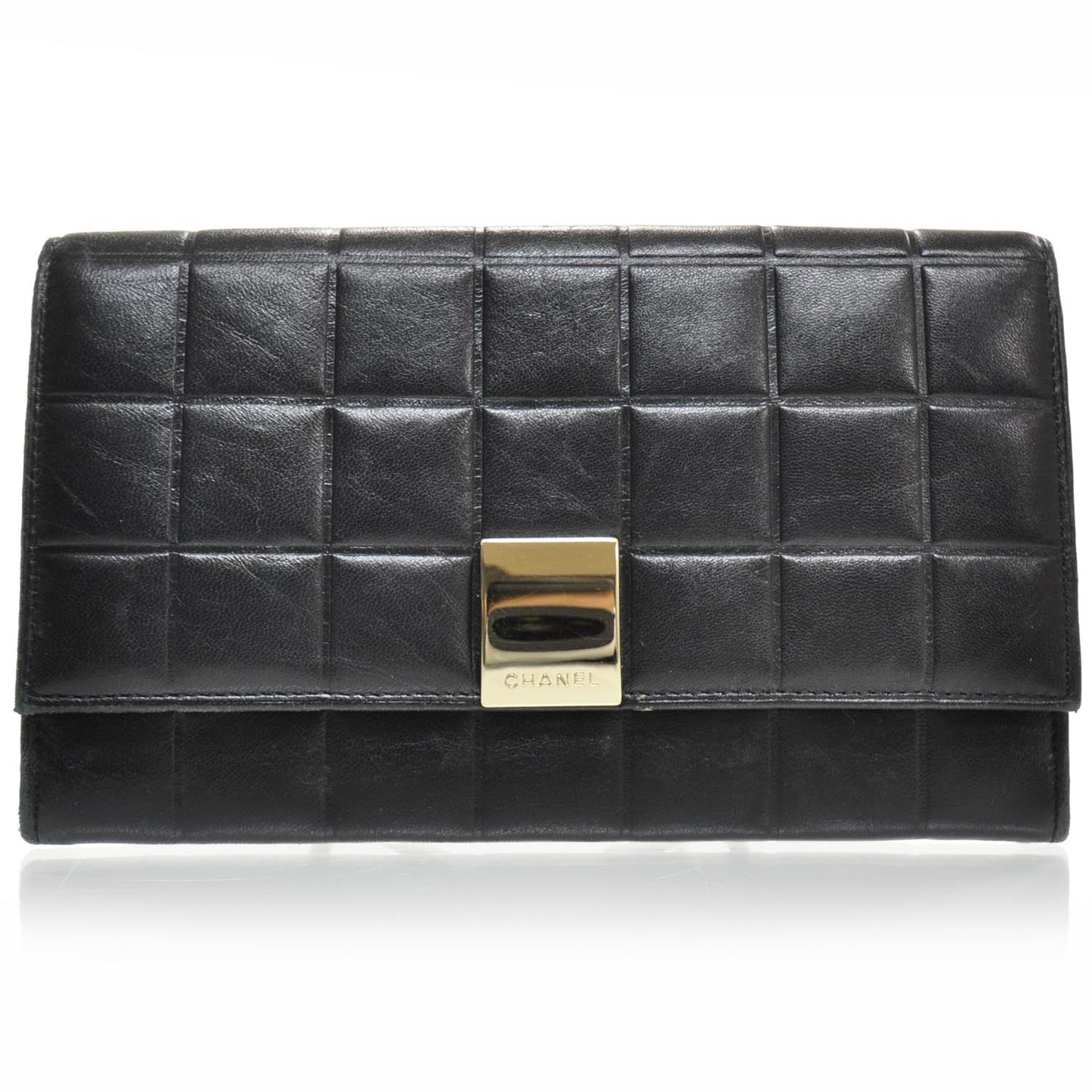 Leather Chocolate Bar Quilted Long Wallet Black
