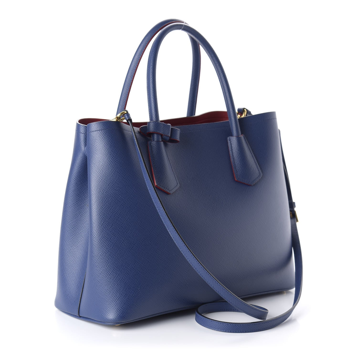 Prada Saffiano Cuir Small Double Bag Ink Blue Fire Engine Red 3 of 9