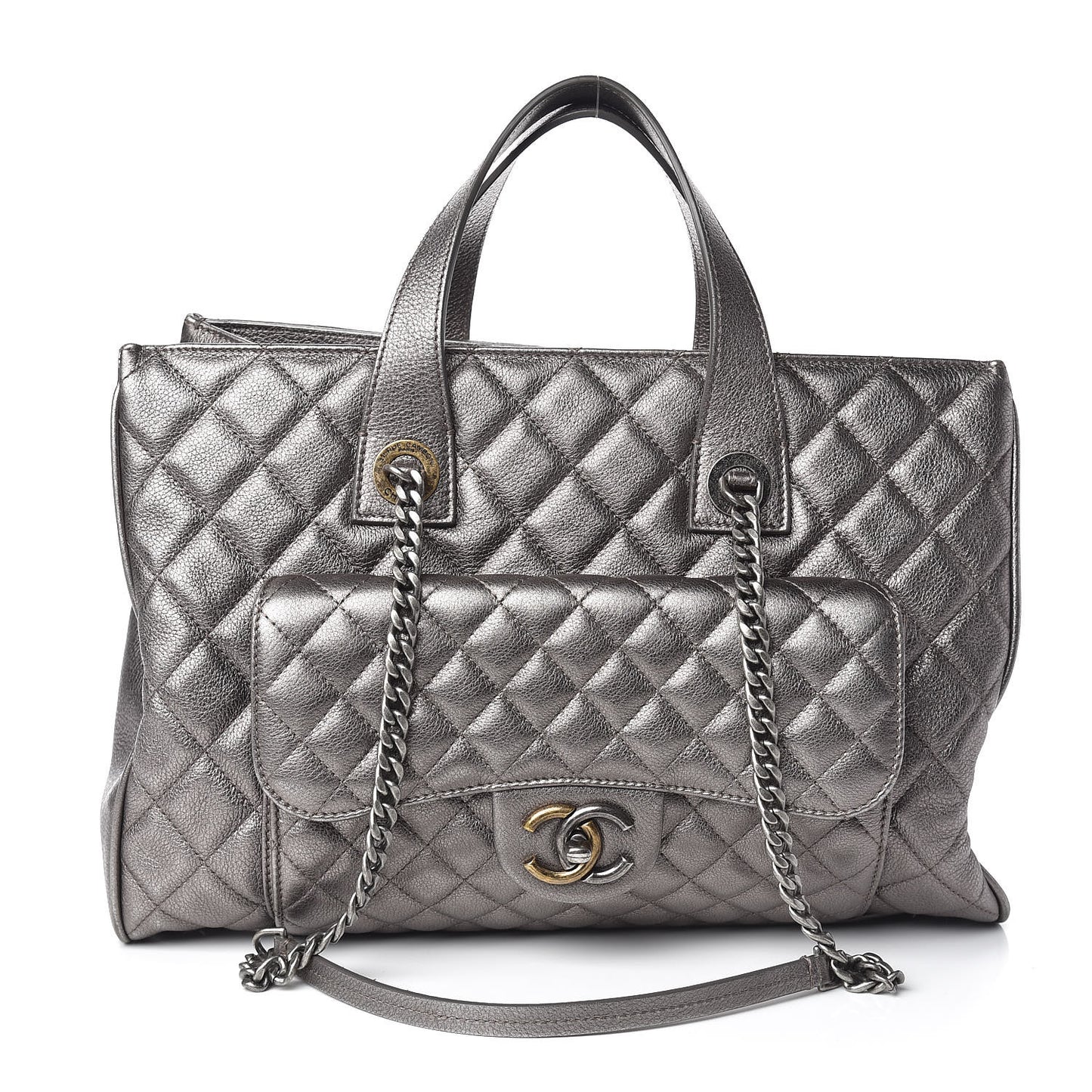 Metallic Grained Calfskin Quilted Large Casual Pocket Tote Silver