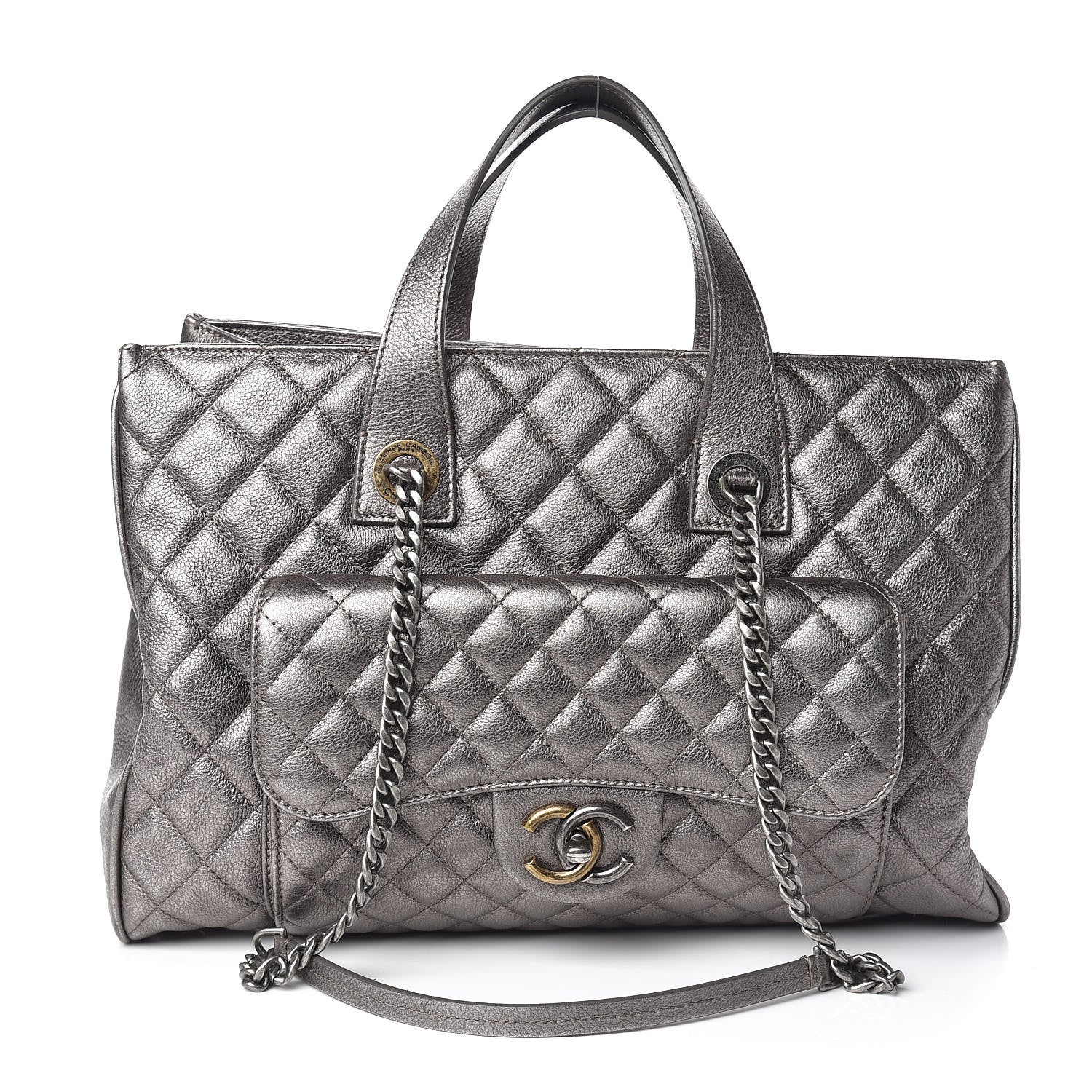 Chanel Metallic Grained Calfskin Quilted Large Casual Pocket Tote Silver 1 of 11