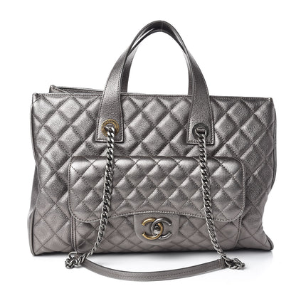 Chanel Metallic Grained Calfskin Quilted Large Casual Pocket Tote Silver 1 of 11