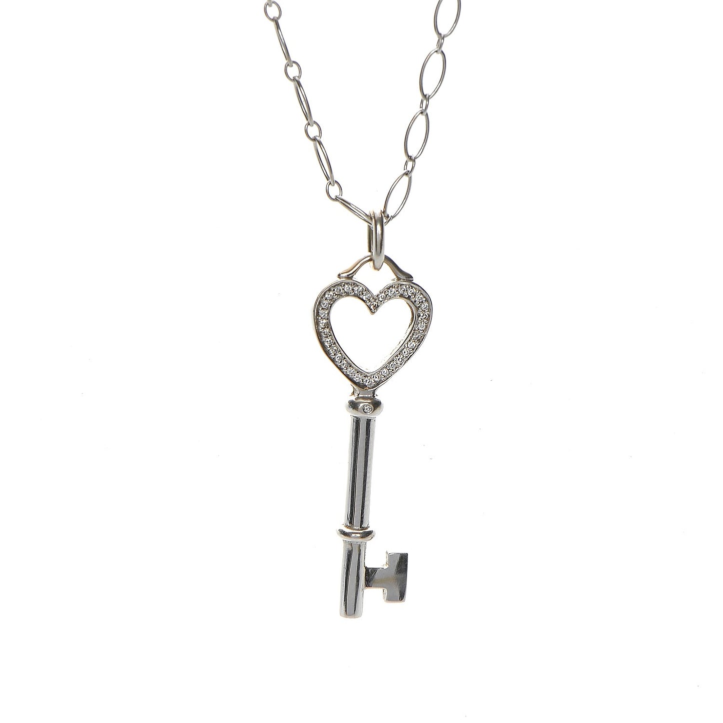 18K White Gold Diamond Mini Heart Key Charm Pendant Link Necklace