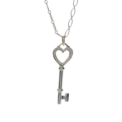 Tiffany 18K White Gold Diamond Mini Heart Key Charm Pendant Link Necklace 5 of 10