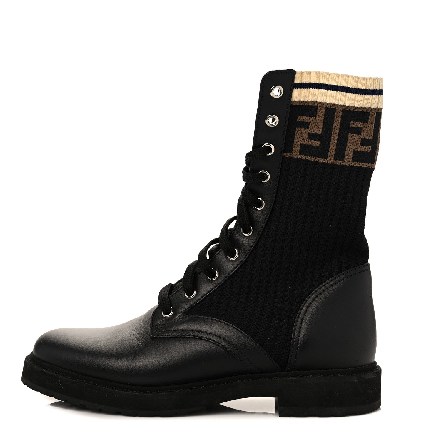 Fendi Calfskin Stretch Fabric Rockoko Biker Boots 38 Tobacco Black Marino 1 of 8