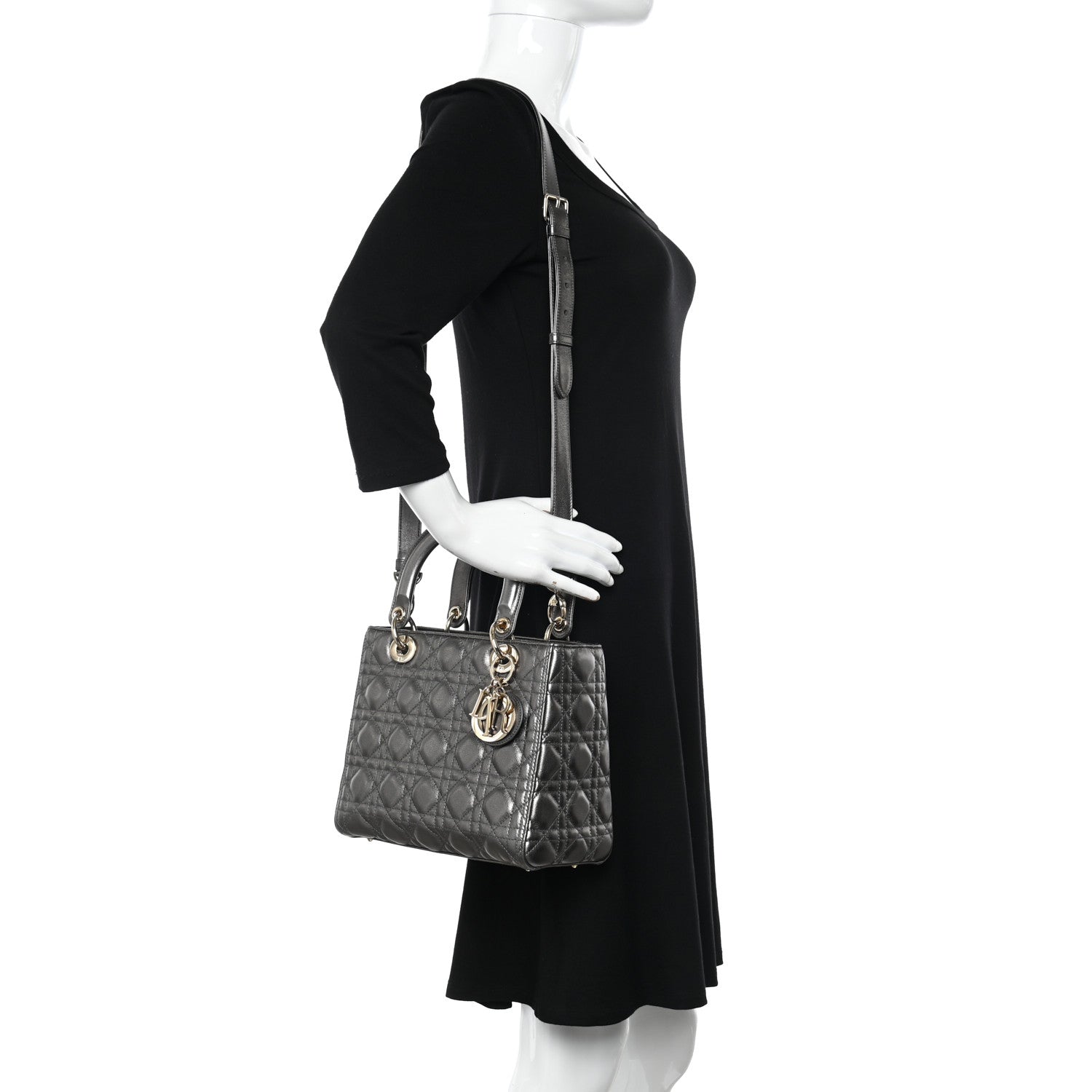 Christian Dior Metallic Calfskin Cannage Medium Lady Dior Gunmetal Grey 2 of 13