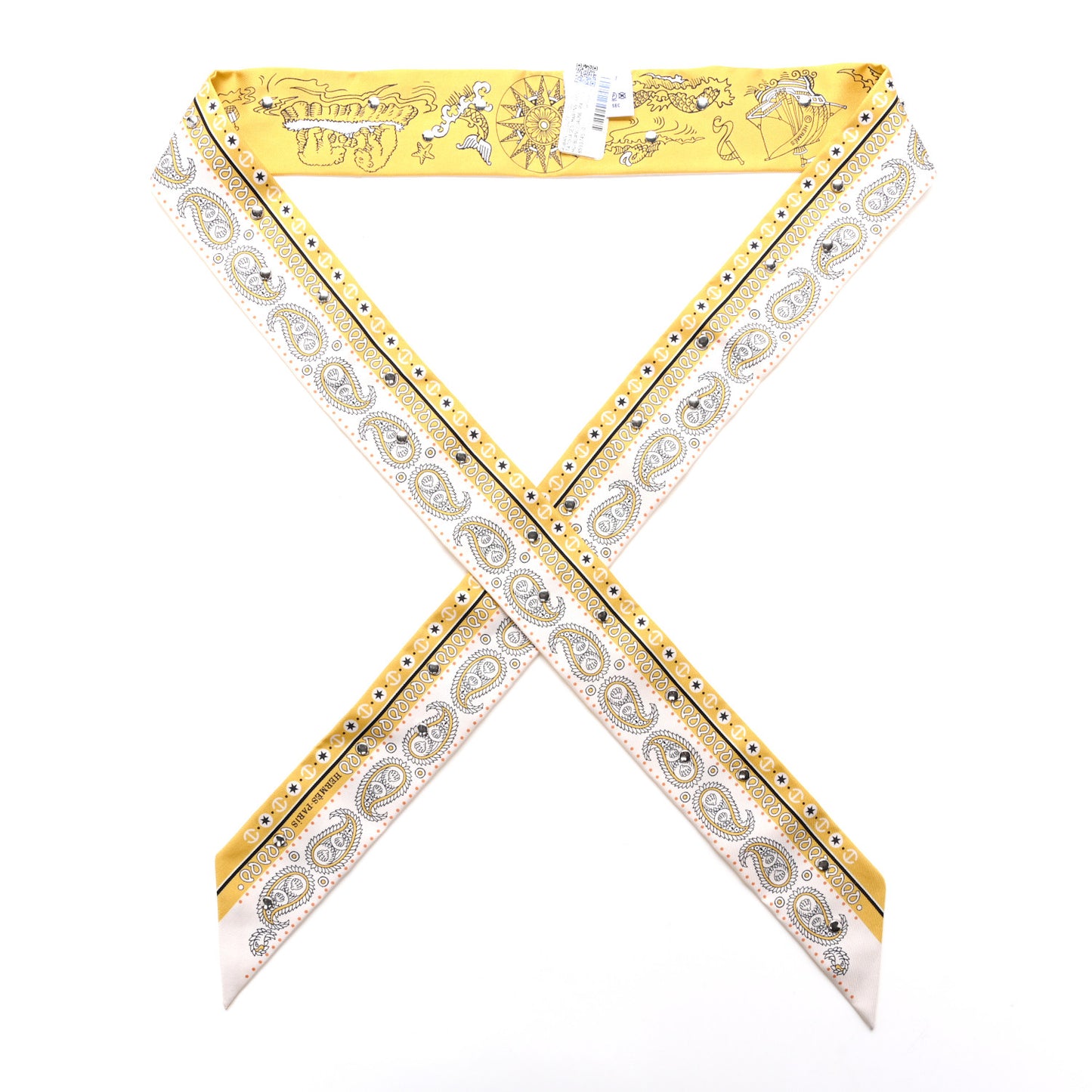 Silk Studded Tatouages Marins Bandana Twilly Blanc Jaune Paille Noir