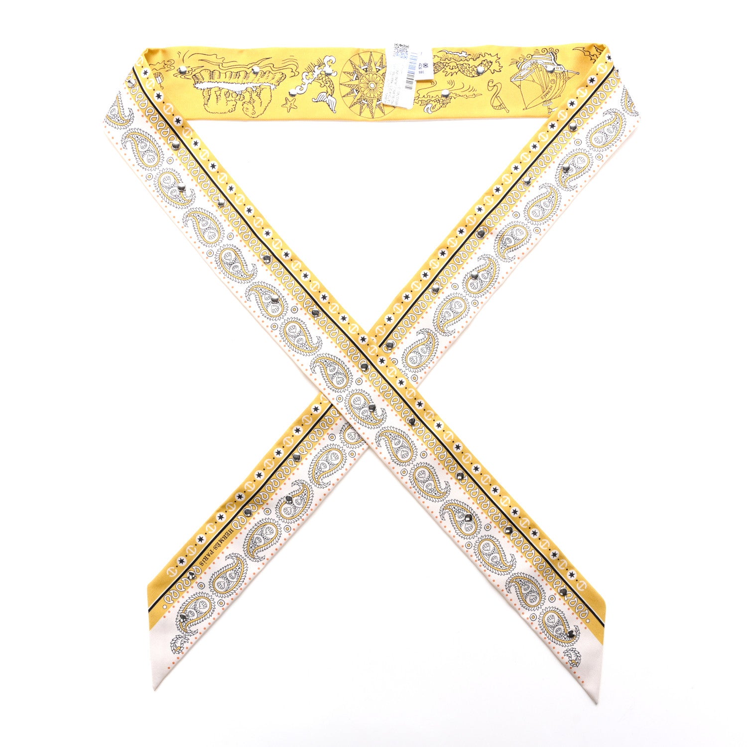 Hermes Silk Studded Tatouages Marins Bandana Twilly Blanc Jaune Paille Noir 1 of 5