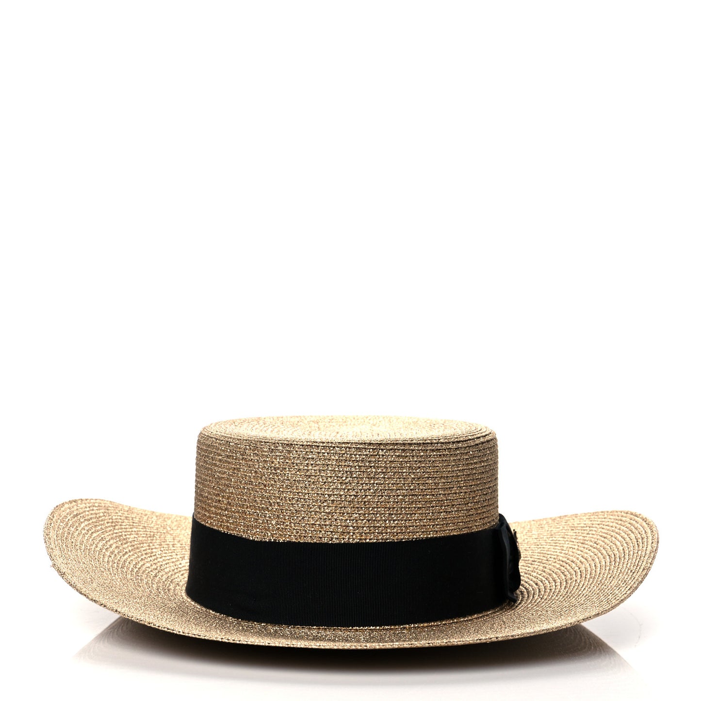Glittered Straw Grosgrain Wide Brim Hat M Gold Black