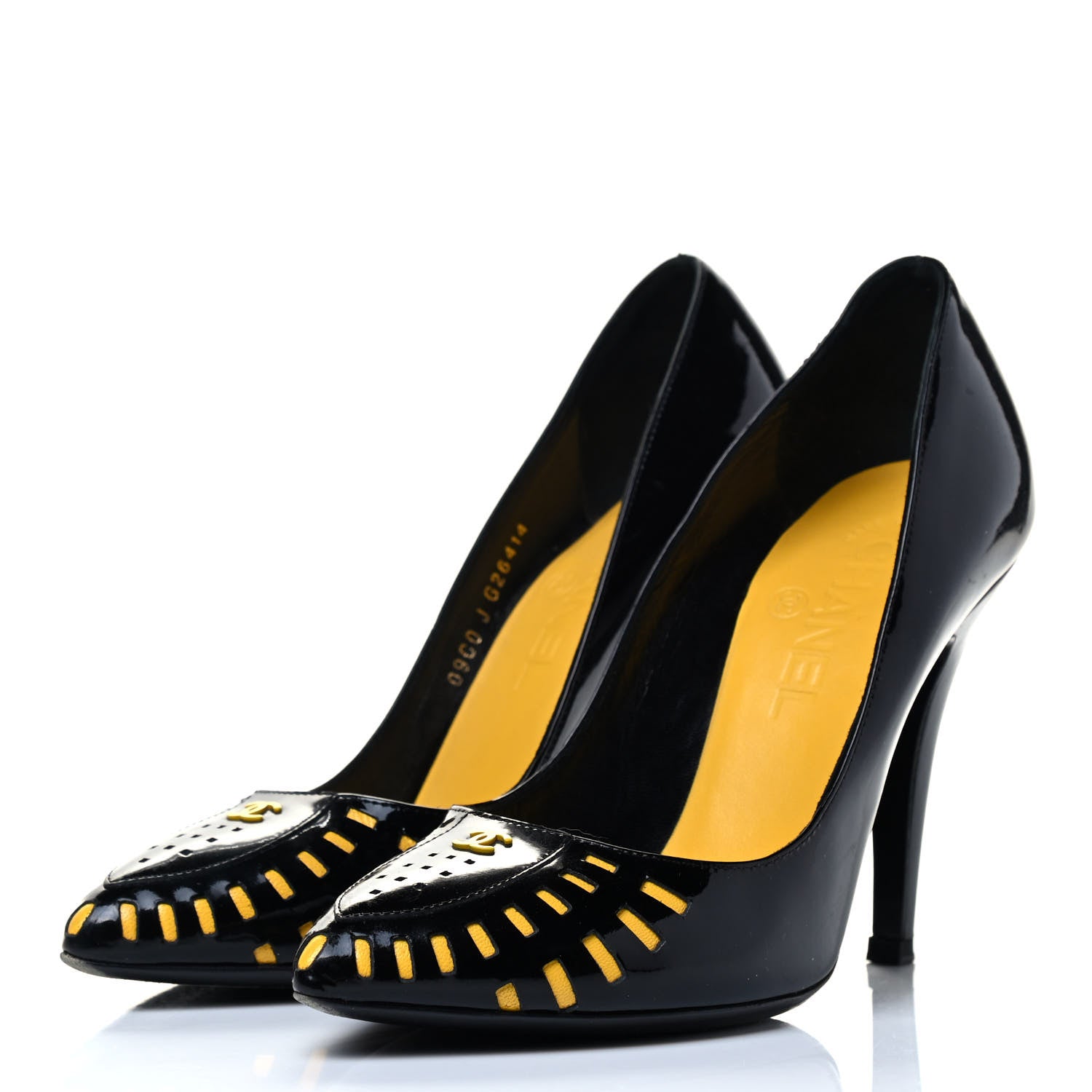 Chanel Patent Cut Out CC Pumps 37 Black Yellow 3 of 6