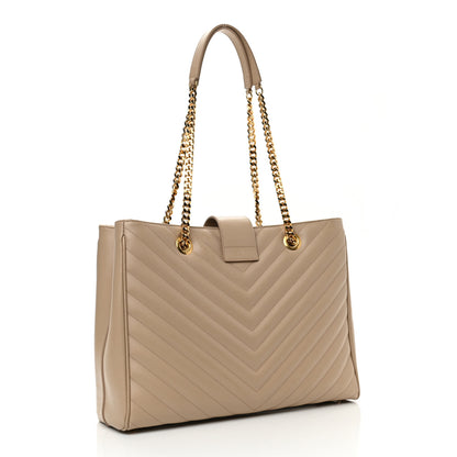Saint Laurent Grain De Poudre Matelasse Chevron Monogram Shopping Bag Dark Beige 3 of 10