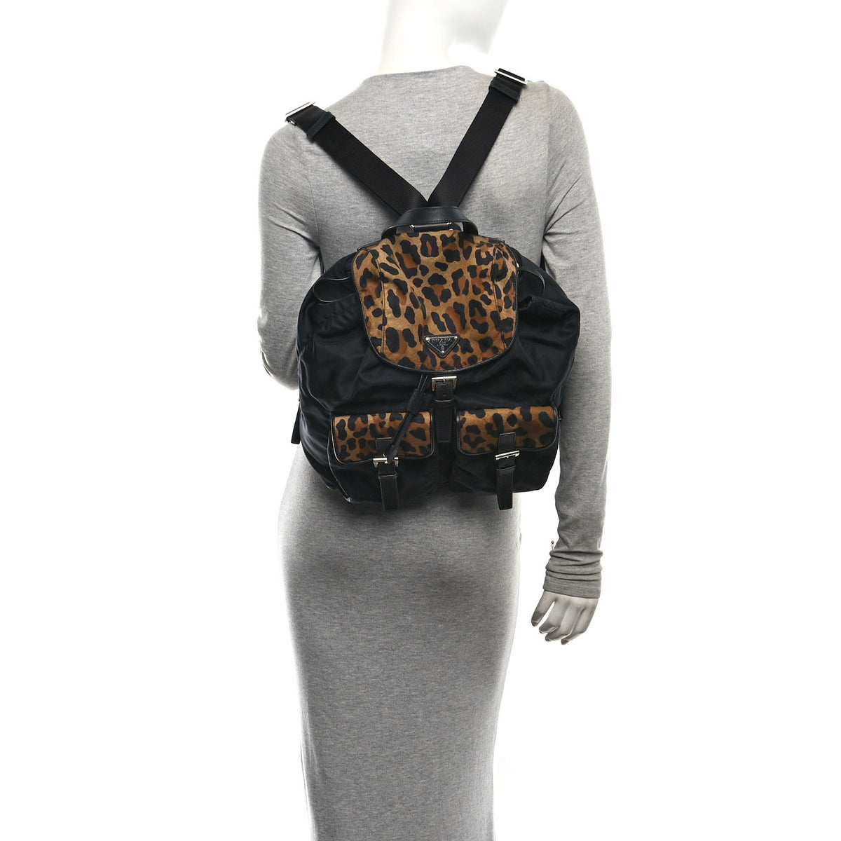 Prada Tessuto Nylon Leopard Print Backpack Black Miele 2 of 10