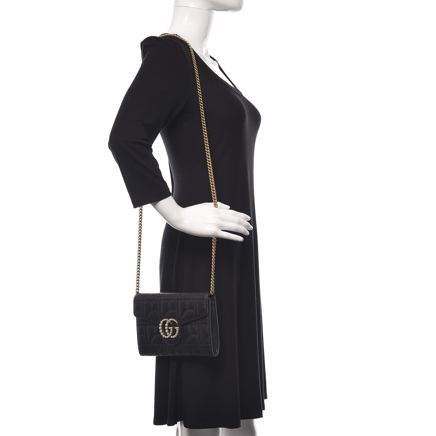 Gucci Calfskin Matelasse Mini Pearly GG Marmont Chain Wallet Black 2 of 13