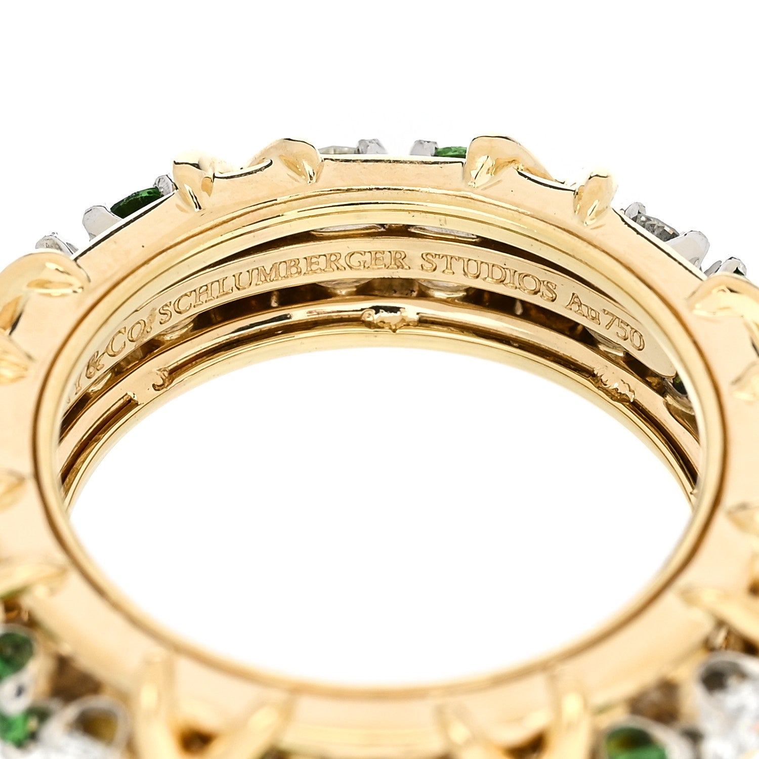 Tiffany 18K Yellow Gold Platinum Diamond Tsavorite Schlumberger Sixteen Stone Ring 49 5 5 of 6
