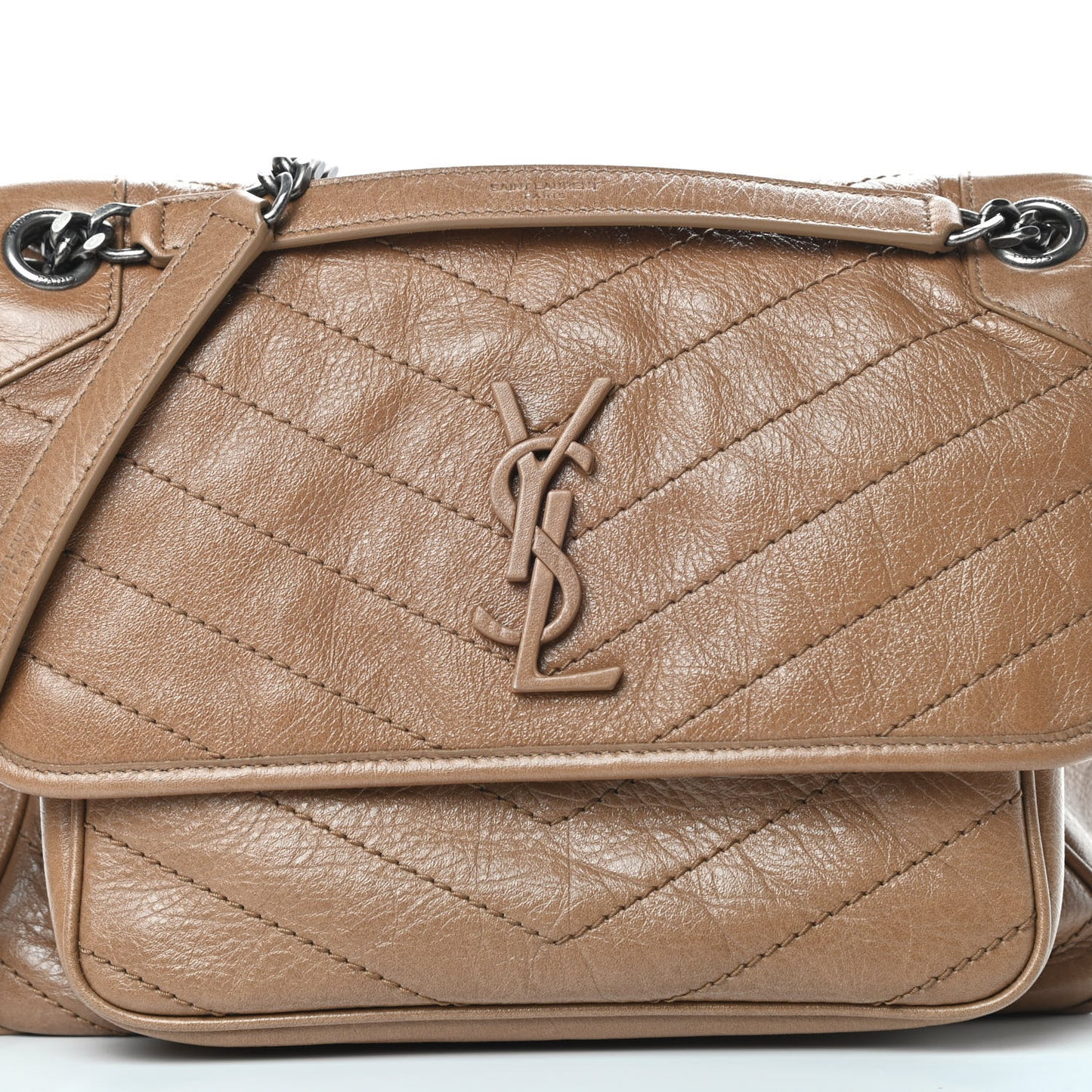 Crinkled Calfskin Matelasse Monogram Medium Niki Chain Satchel Natural Tan