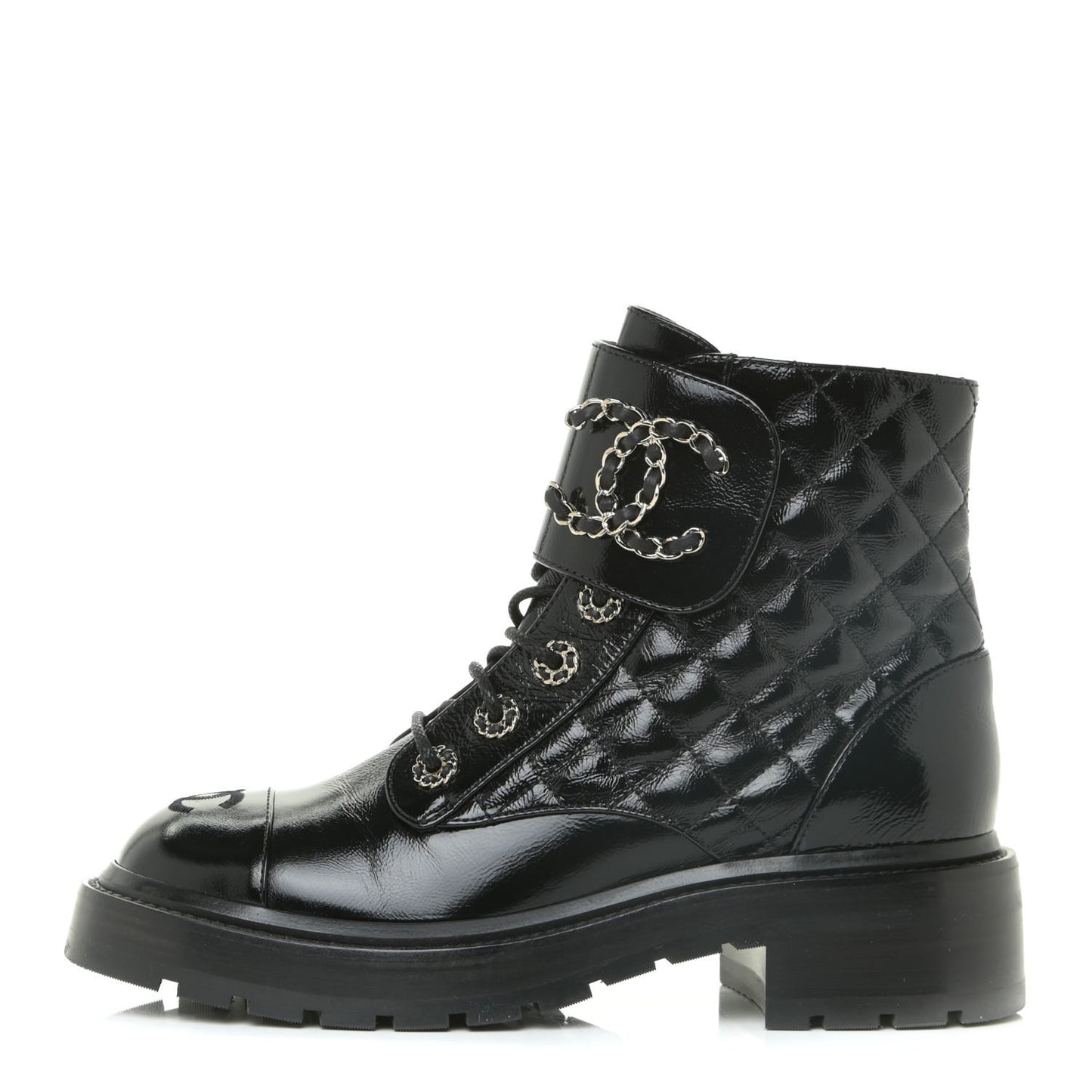 Shiny Calfskin Quilted Lace Up Combat Boots 37 Black