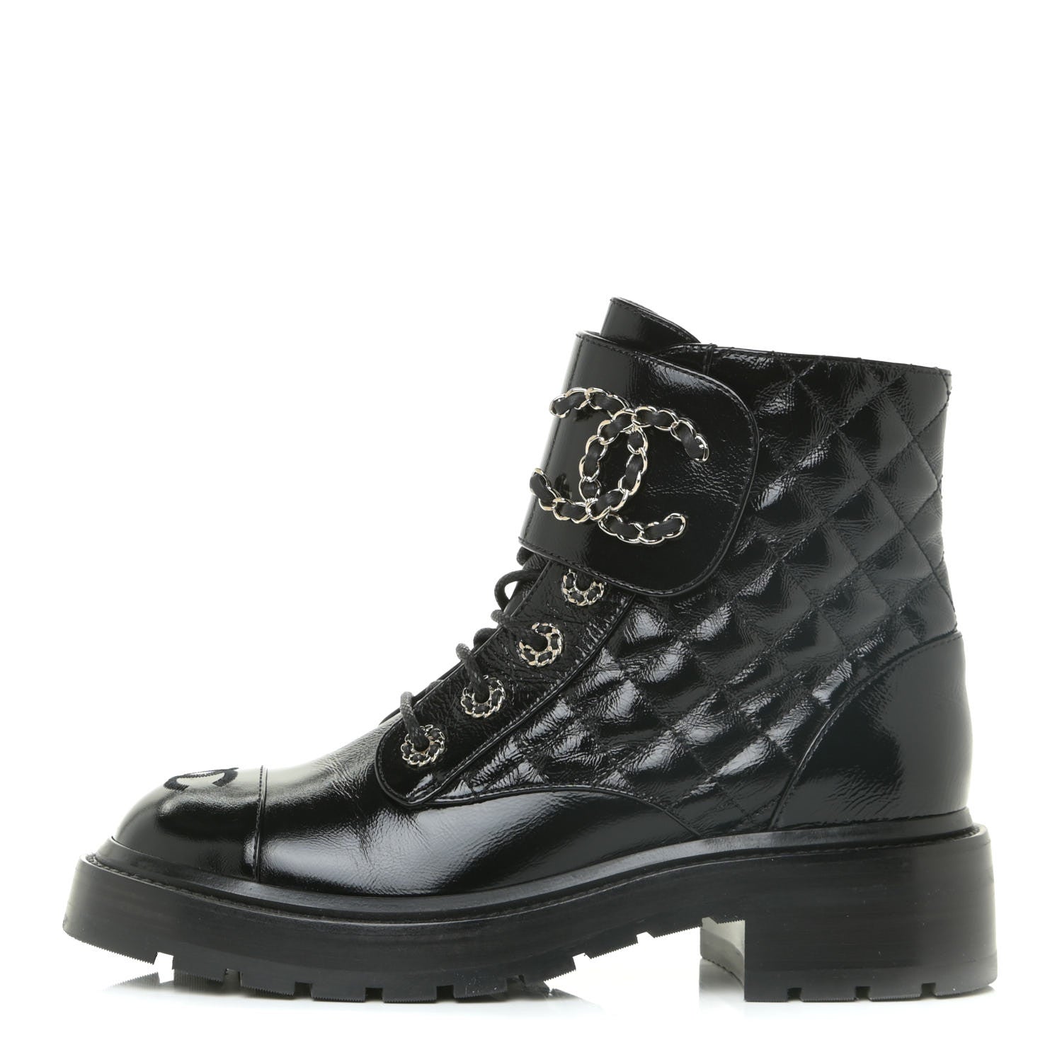 Chanel Shiny Calfskin Quilted Lace Up Combat Boots 37 Black 1 of 16