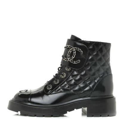Chanel Shiny Calfskin Quilted Lace Up Combat Boots 37 Black 1 of 16