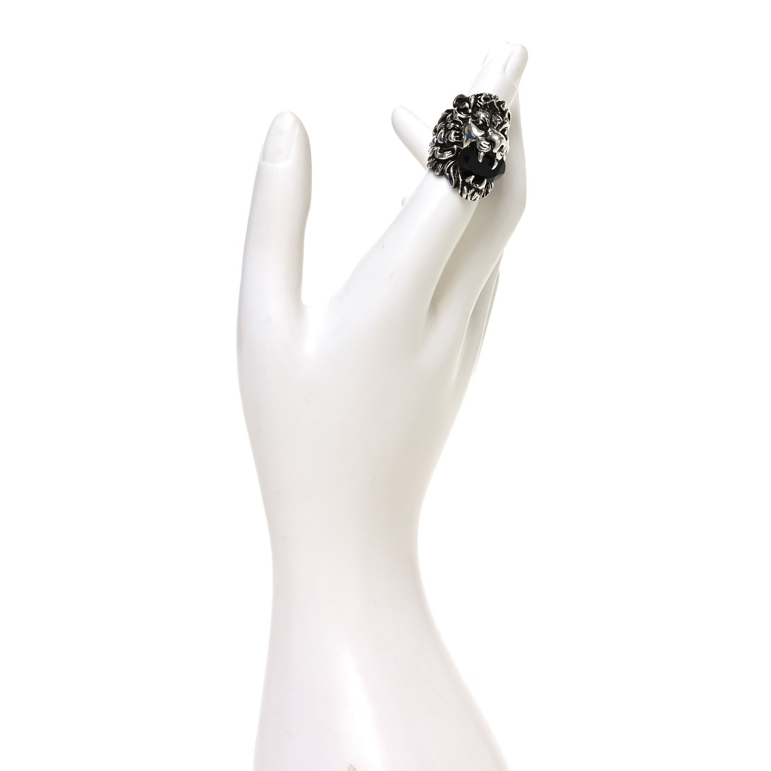 Gucci Metal Crystal Lion Head Ring  49 4.75 Black Aged Silver 2 of 4