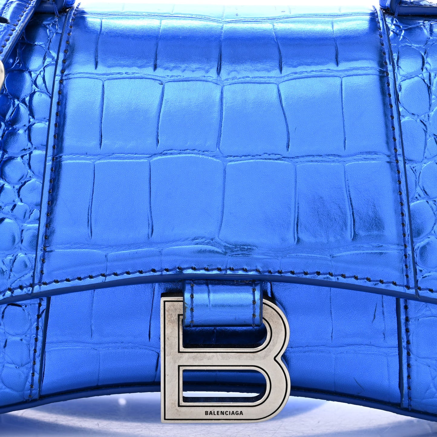 Metallic Shiny Calfskin Crocodile Embossed Hourglass Top Handle Bag XS Royal Blue