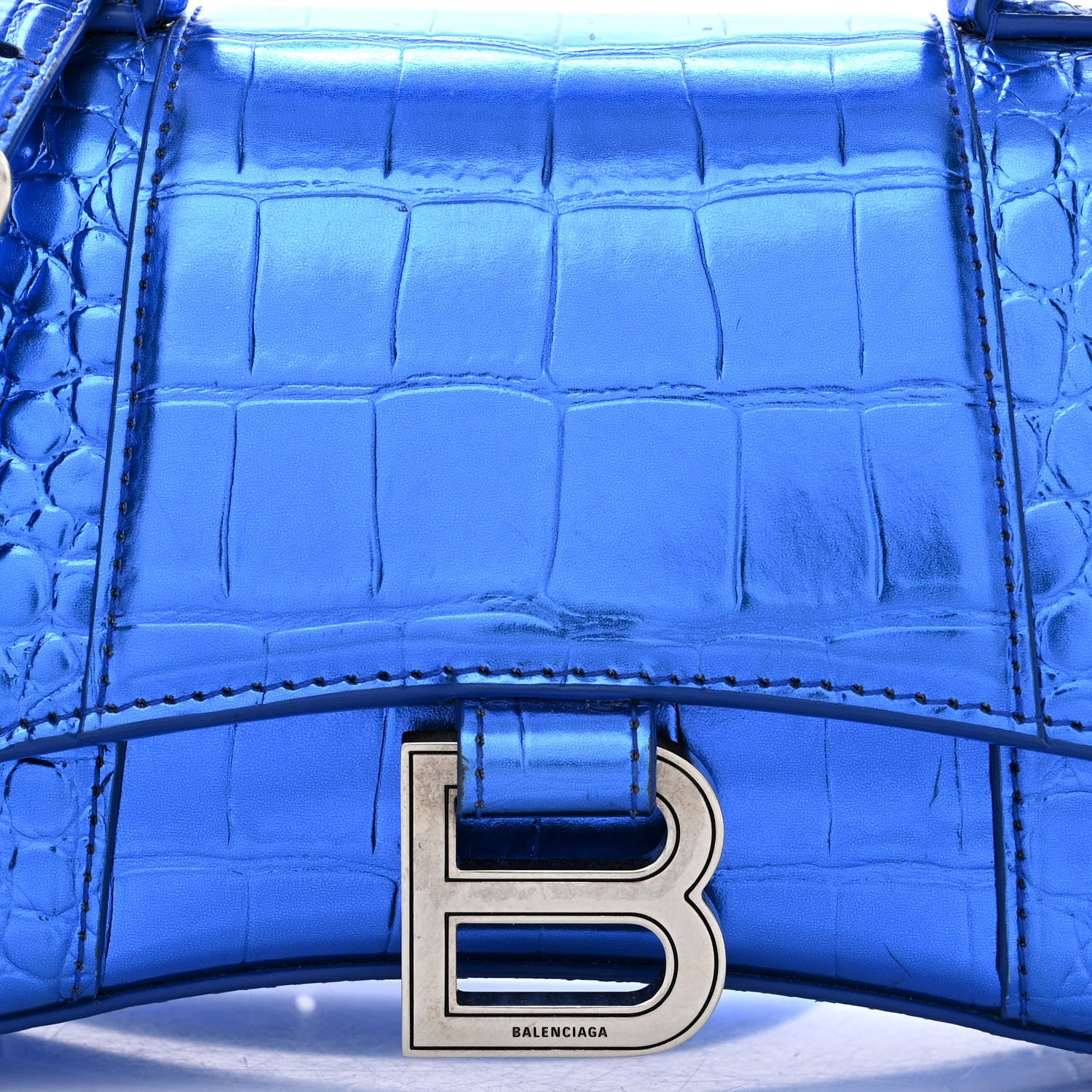 Balenciaga Metallic Shiny Calfskin Crocodile Embossed Hourglass Top Handle Bag XS Royal Blue 10 of 13