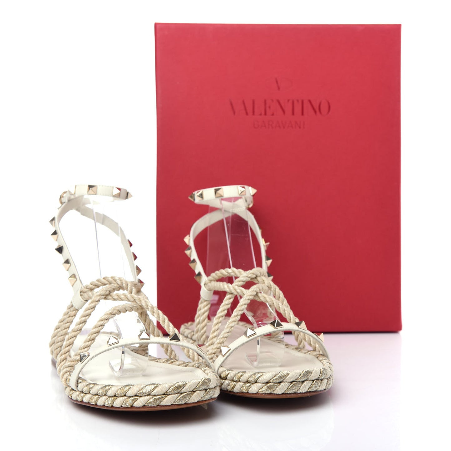 Calfskin Rockstud Torchon Rope Espadrille Flat Sandals 39 Light Ivory