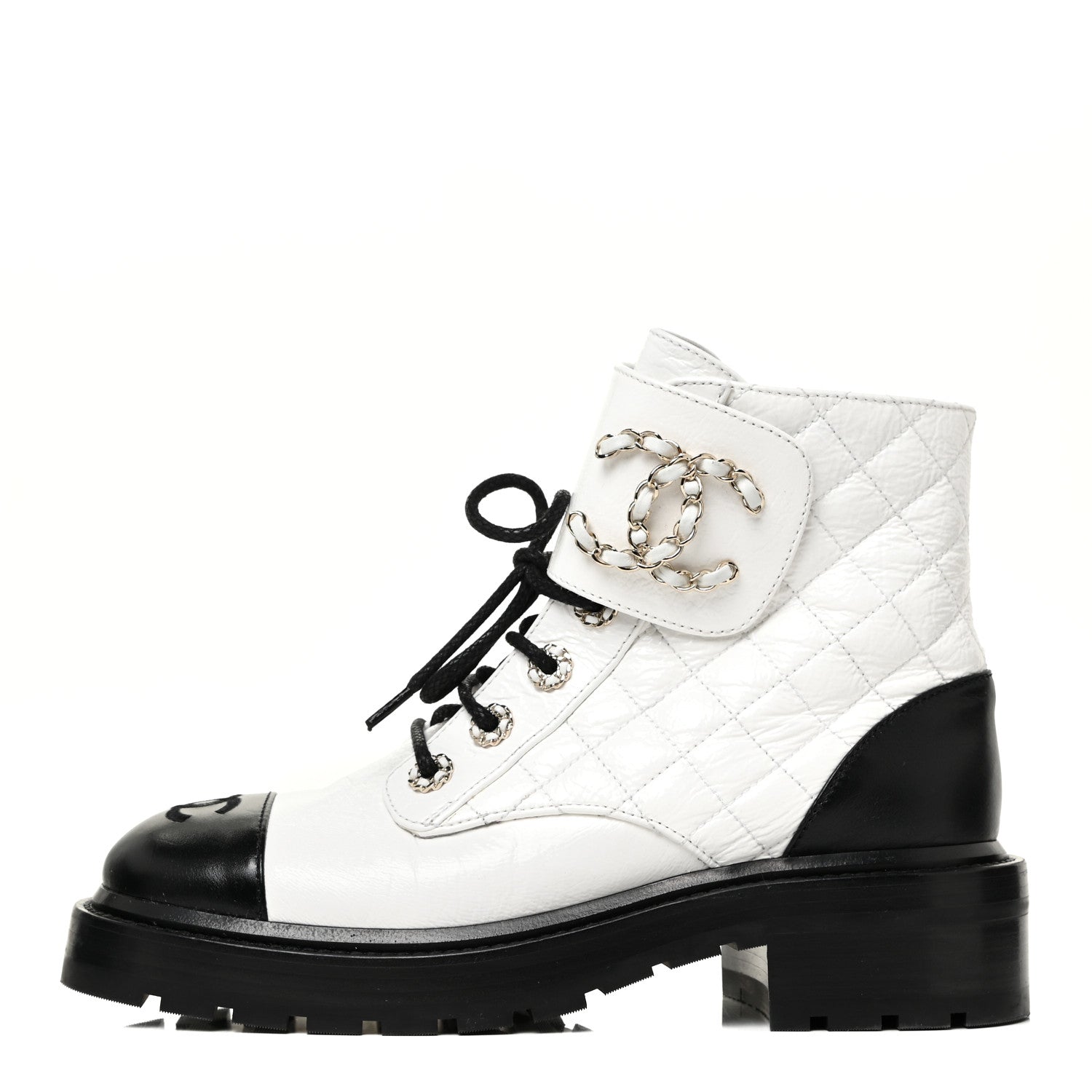 Chanel Shiny Goatskin Calfskin Quilted Lace Up Combat Boots 37 White Black 1 of 12