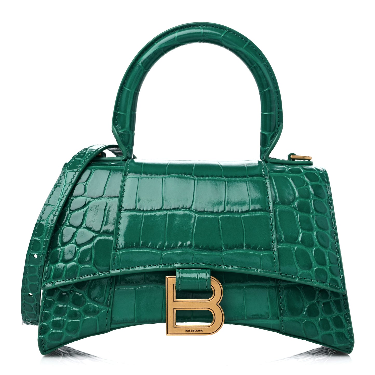 Shiny Calfskin Crocodile Embossed Hourglass Top Handle Bag XS Jade