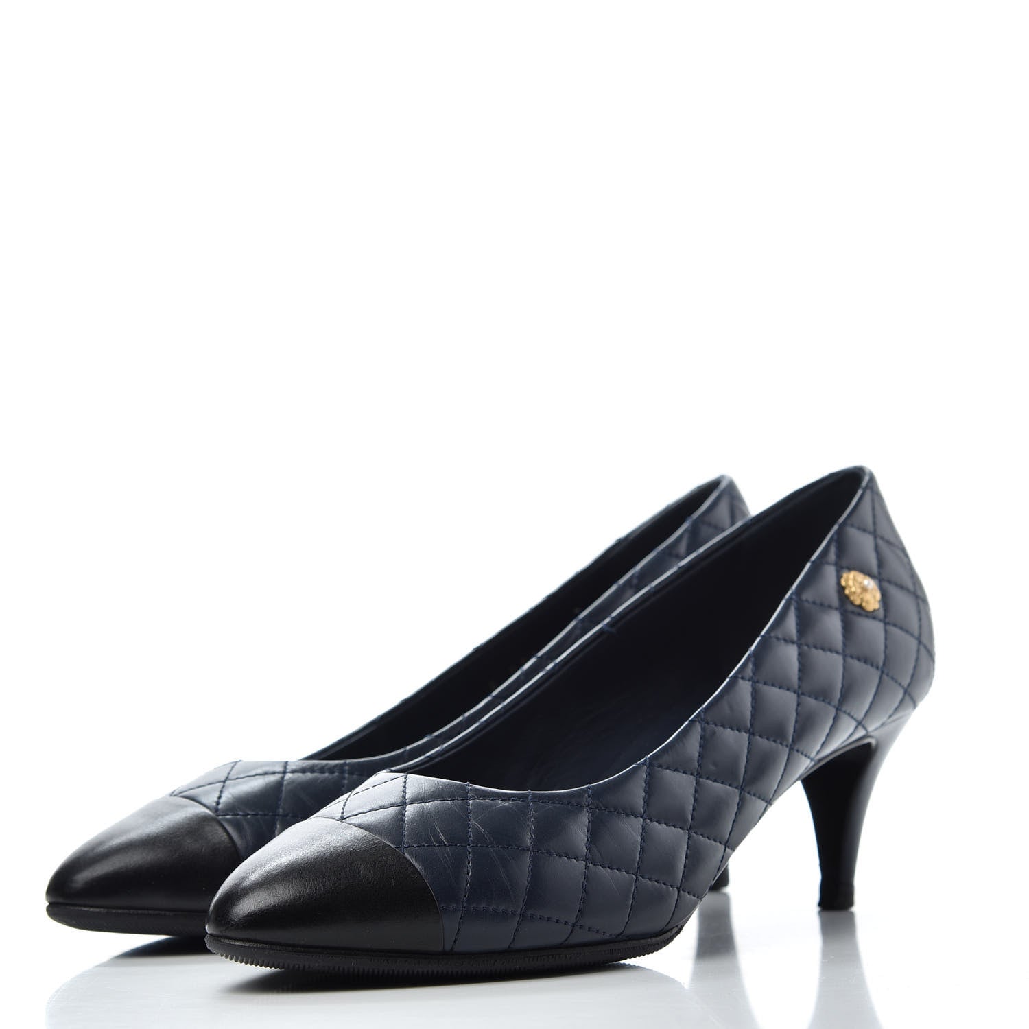 Chanel Calfskin Quilted Cap Toe Camellia Pumps 38 Navy Black 3 of 11