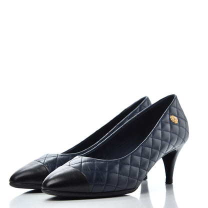 Chanel Calfskin Quilted Cap Toe Camellia Pumps 38 Navy Black 3 of 11