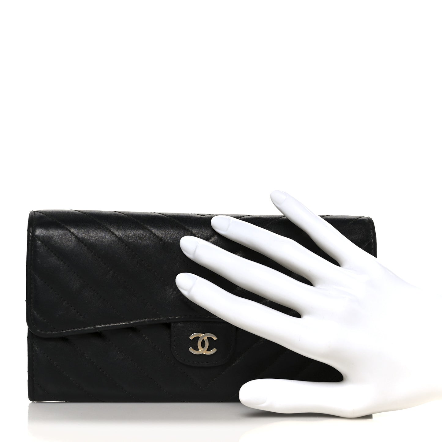 Calfskin Chevron Quilted Large Gusset Flap Wallet Black